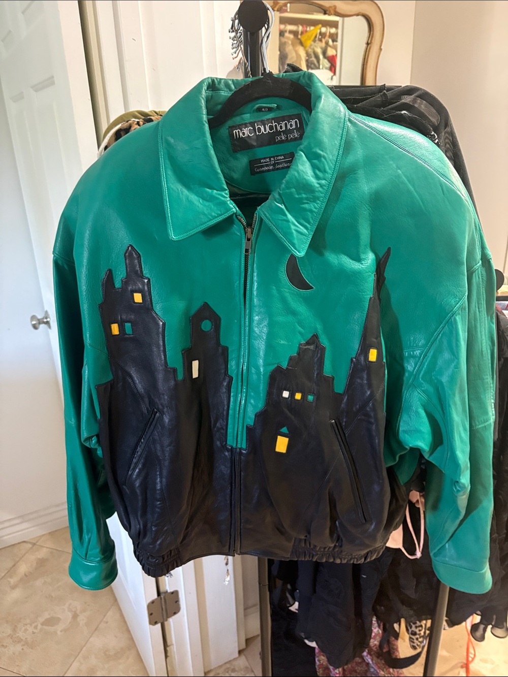 Teal & Black Leather Bomber Jacket